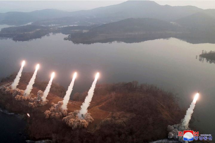 This photo provided by the North Korean government shows what it says is an artillery drill at an undisclosed location in North Korea on Mar. 9, 2023.
