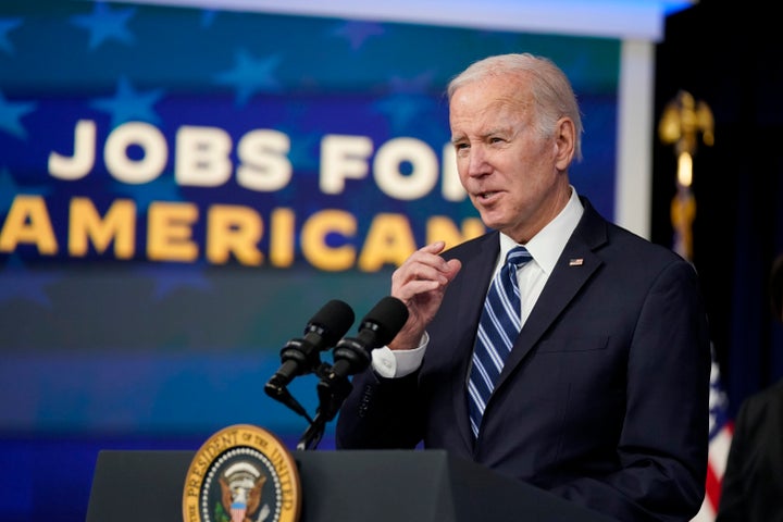 President Joe Biden speaks on the January jobs report in the Eisenhower Executive Office Building on the White House complex, Friday, Feb. 3, 2023, in Washington. (AP Photo/Manuel Balce Ceneta)