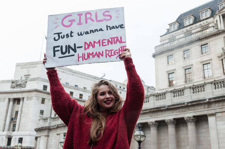 Several hundreds of women take part in Women's Strike outside the Bank of England in London on 08 March, 2019, protesting against harassment, exploitation and discrimination experienced by women in and outside of workplace. The protest is part of the global women's movement with demonstrations held in many UK cities and across the globe on International Women's Day. The protesters oppose the impact of years of austerity, economic inequality and childcare cost on women's lives in Britain, and express solidarity between women regardless of colour, nationality, class, religion or sexual orientation. (Photo by WIktor Szymanowicz/NurPhoto via Getty Images)