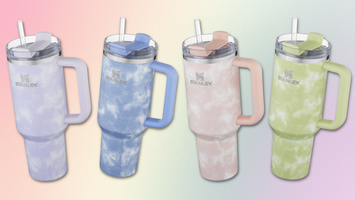 The new Stanley Quencher H.20 FlowState tumbler colorway options for spring include citron tie-dye, peach tie-dye and wisteria tie-dye.