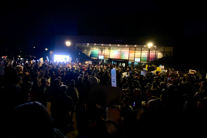 Students at the University at Buffalo protest a speech by Michael Knowles, the far-right commentator who called for "transgenderism" to be "eradicated," on March 9, 2023 in Buffalo, N.Y.