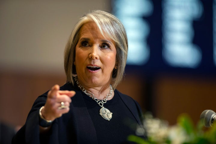 New Mexico Gov. Michelle Luján Grisham delivers her State of the State address at the opening day of an annual legislative session in the House of Representatives in Santa Fe, New Mexico, on Tuesday, Jan. 17, 2023. Lujan Grisham called for new gun control laws and greater accountability for firearms manufacturers while denouncing recent drive-by shootings against state legislators and a national "scourge" of violence.