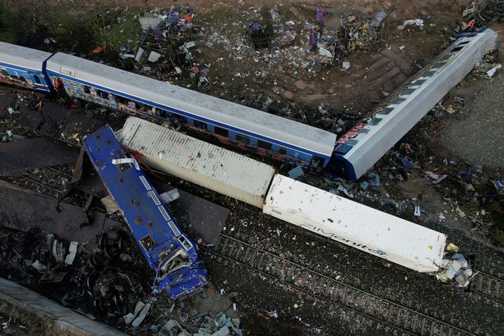 FILE PHOTO: Destroyed carriages are seen on the site of a crash, where two trains collided, near the city of Larissa, Greece, March 3, 2023. REUTERS/Alexandros Avramidis/File Photo