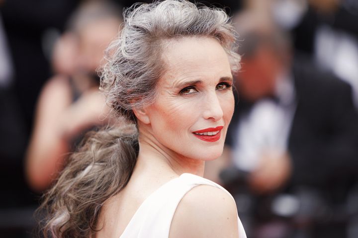 Actor Andie MacDowell with a silver ponytail in 2021.