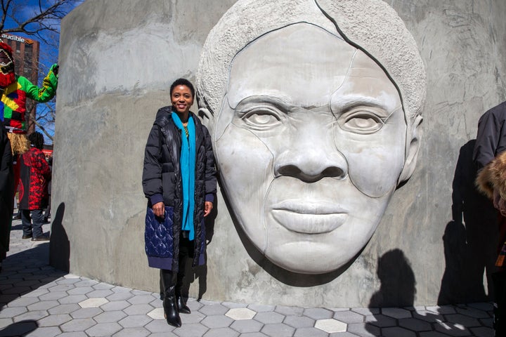 Architect Nina Cooke John poses in front of her monument in honor of Harriet Tubman in Newark, New Jersey, on Thursday.