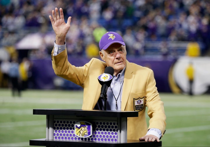 Former Minnesota Vikings Hall of Fame coach Bud Grant waves a final goodbye to the Metrodome during ceremonies following the Vikings NFL football against the Detroit Lions, Sunday, Dec. 29, 2013, in Minneapolis. Grant, the stoic and demanding Hall of Fame coach who took the Minnesota Vikings and their mighty Purple People Eaters defense to four Super Bowls in eight years and lost all of them, has died. He was 95. (AP Photo/Jim Mone, File