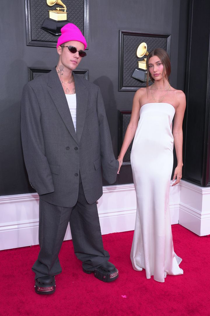 Justin and Hailey Bieber at the 64th Annual Grammy Awards on April 3, 2022, in Las Vegas.