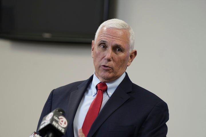 FILE – Former Vice President Mike Pence speaks with reporters on March 2 in South Carolina. Pence went after Trump's actions on Jan. 6, 2021 and also made jokes about his ego during the annual white-tie Gridiron Dinner on Saturday.