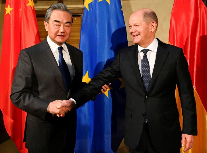 German Chancellor Olaf Scholz and China's Director of the Office of the Central Foreign Affairs Commission Wang Yi attend their bilateral meeting at the Munich Security Conference (MSC) in Munich, Germany February 17, 2023. Thomas Kienzle/Pool via REUTERS