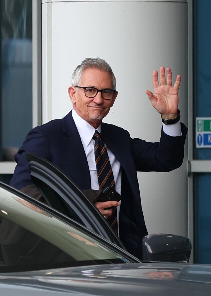 Gary Lineker waves to fans as he arrives prior to the Premier League match between Leicester City and Chelsea FC at The King Power Stadium on March 11, 2023 in Leicester, United Kingdom. (Photo by Marc Atkins/Getty Images)