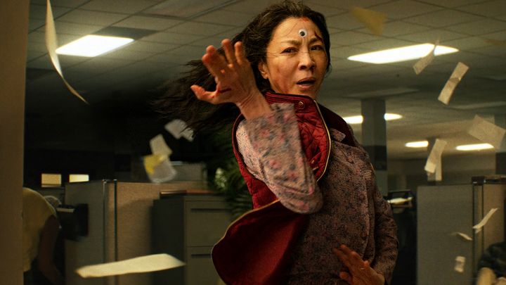 This image released by A24 shows Michelle Yeoh in a scene from "Everything Everywhere All at Once." (Allyson Riggs/A24 via AP)