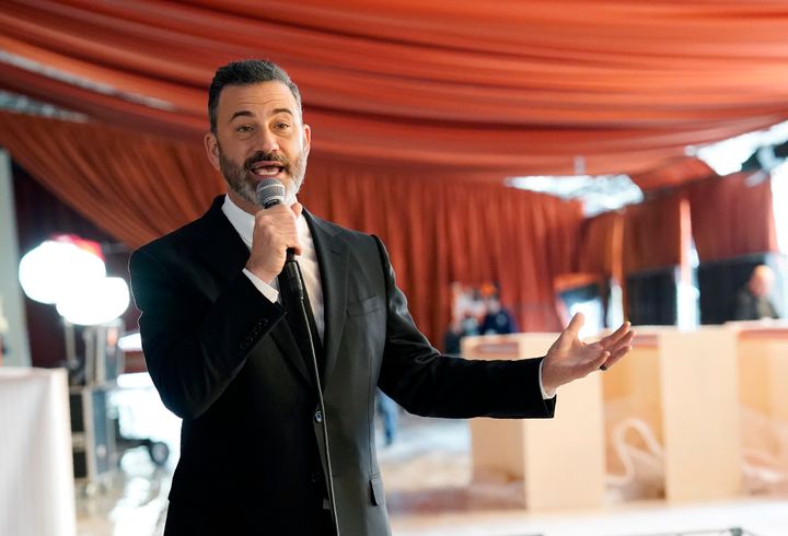 Jimmy Kimmel, host of Sunday's 95th Academy Awards, addresses the media before the roll out of the carpet for the event, Wednesday, March 8, 2023, outside the Dolby Theatre in Los Angeles. (AP Photo/Chris Pizzello)