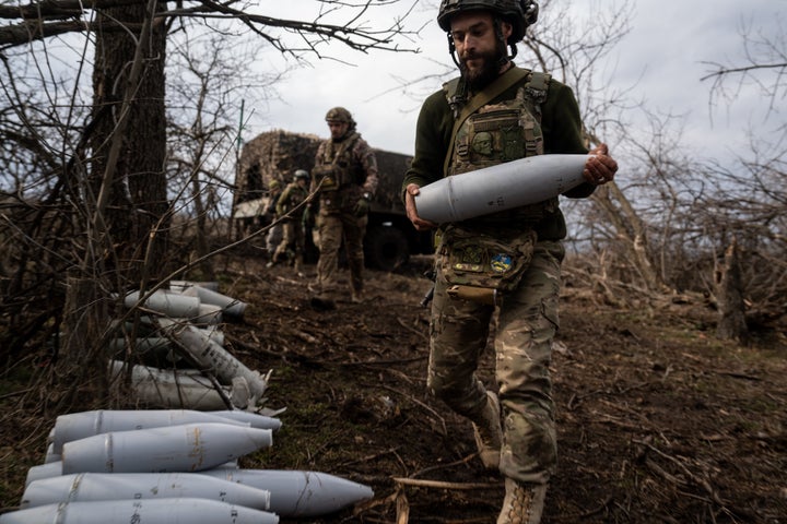 Ukrainian servicemen from the 10th Brigade known as Edelwiess work along the frontline outside of Soledar in the Donetsk region of Ukraine on March 11, 2023.