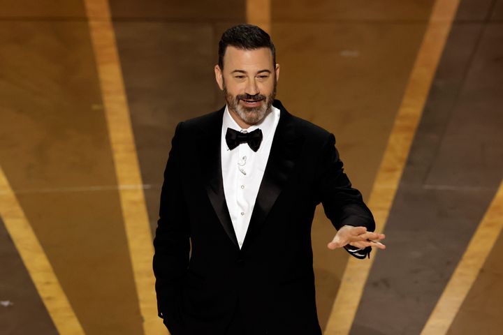 Jimmy Kimmel on stage at the 2023 Oscars