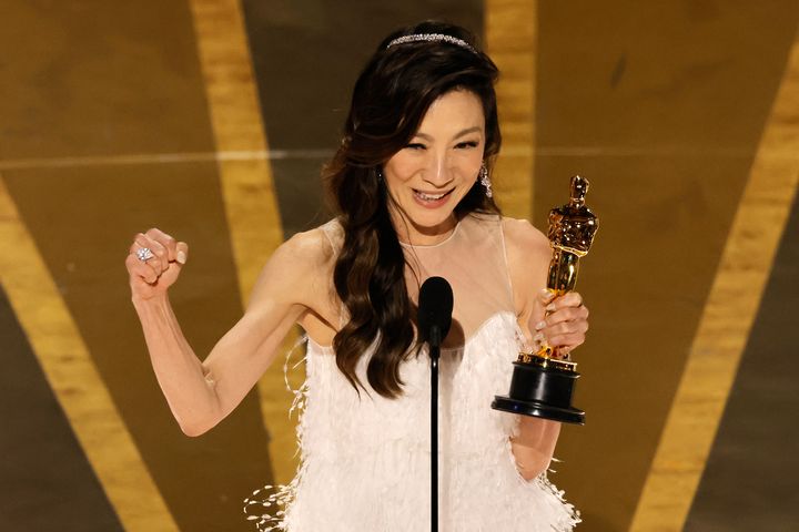 Michelle Yeoh celebrating her win at the 2023 Oscars