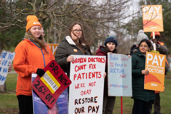 Striking NHS junior doctors on the picket line outside Norfolk & Norwich University Hospital in Norwich, as the British Medical Association is holding a 72-hour walkout in a dispute over pay. Picture date: Monday March 13, 2023.