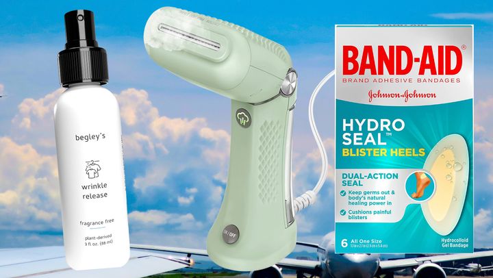 A wrinkle release spray,travel steamer and blister Band-Aids.