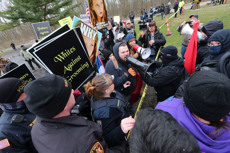Protesters clash with Drag Queen Story Hour members at an event in Wadsworth, Ohio on March 11.