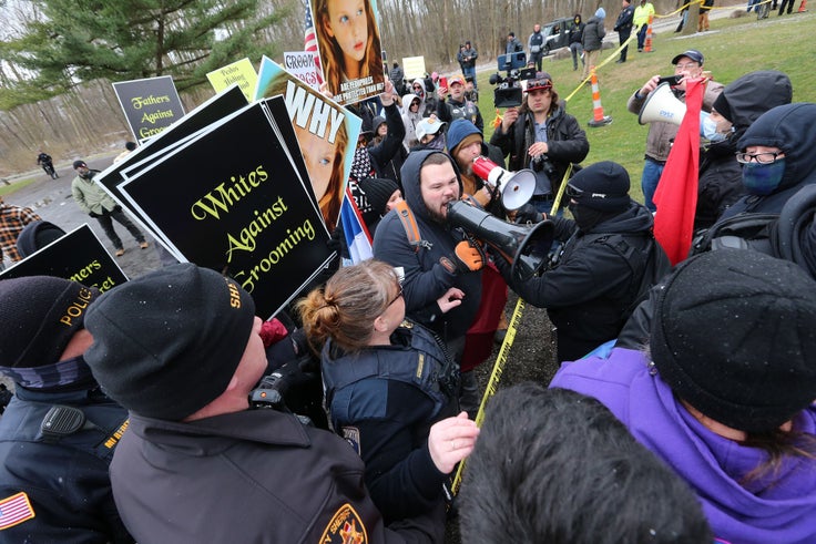 Protesters clash with Drag Queen Story Hour members at an event in Wadsworth, Ohio on March 11.