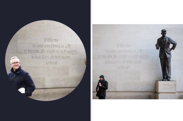 Lineker's new profile picture and George Orwell's statue outside BBC Broadcasting House, at Portland Place, London.