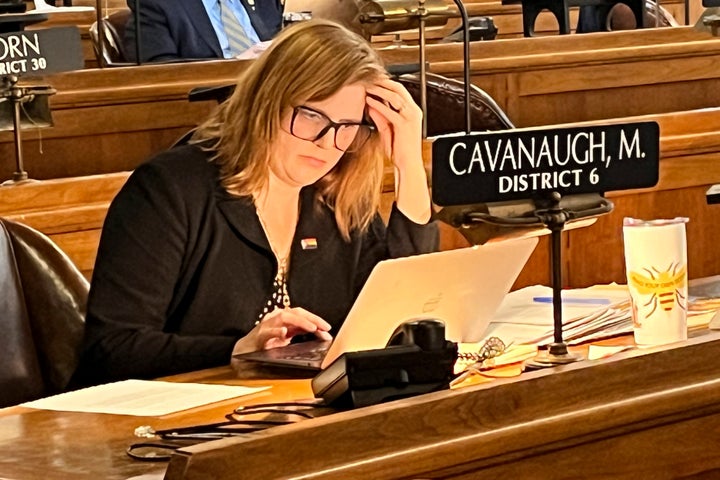 State Sen. Machaela Cavanaugh prepares to speak before the Nebraska Legislature Monday, March 13, 2023, at the Nebraska State Capital in Lincoln, Neb. Cavanaugh is in her third week of an effort to filibuster every bill that comes before the Legislature this session — even the ones she supports. The effort is a protest against conservatives' advancement of a bill that would outlaw gender-affirming therapies for those 18 and younger. Cavanaugh has declared she will "burn the session to the ground" in an effort to stymie the bill. 