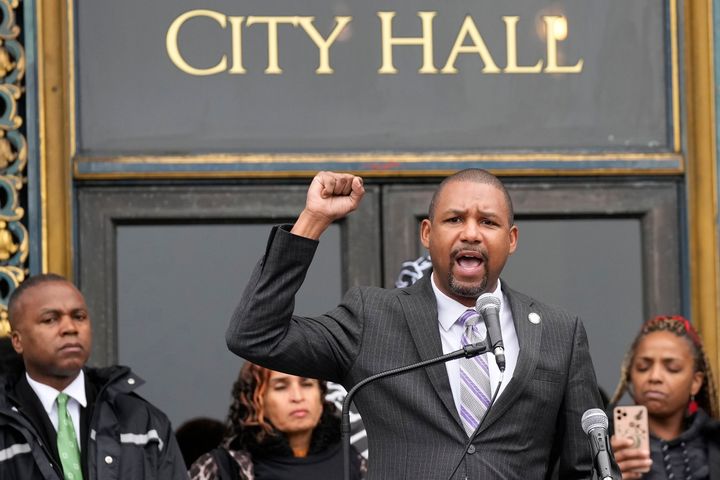 Supervisor Shamann Walton speaks at a reparations rally outside of City Hall in San Francisco on Tuesday.