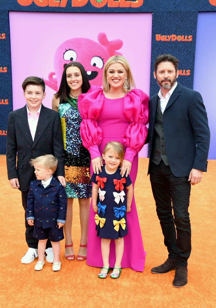 From Left: Seth Blackstock, Remington Alexander Blackstock, Savannah Blackstock, Kelly Clarkson, River Rose Blackstock, and Brandon Blackstock attend the premiere of "UglyDolls" on April 27, 2019, in Los Angeles.
