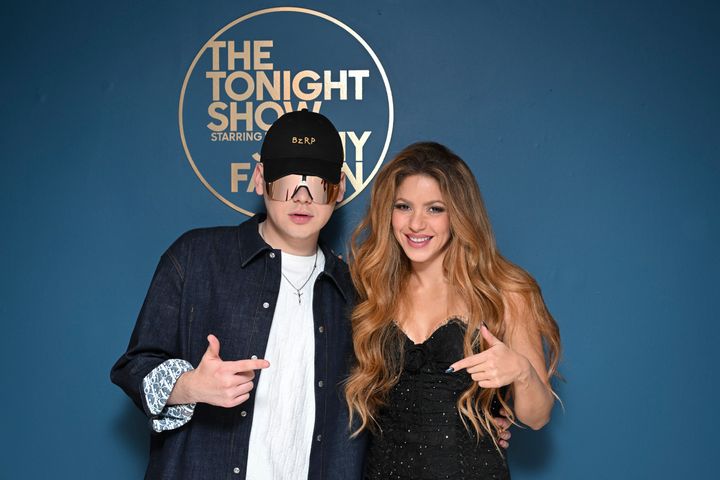 Bizarrap and Shakira pose backstage at “The Tonight Show.”