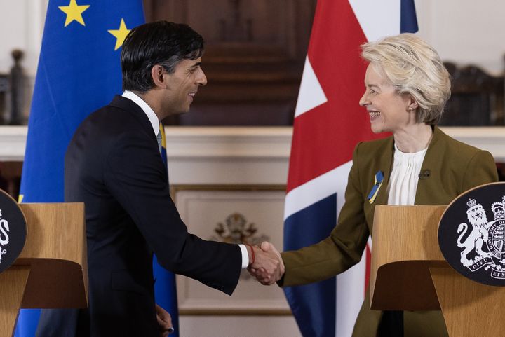 Rishi Sunak and Ursula von der Leyen during a press conference at the Guildhall in Windsor, Berkshire, following the announcement that they have struck a deal over the Northern Ireland Protocol. 