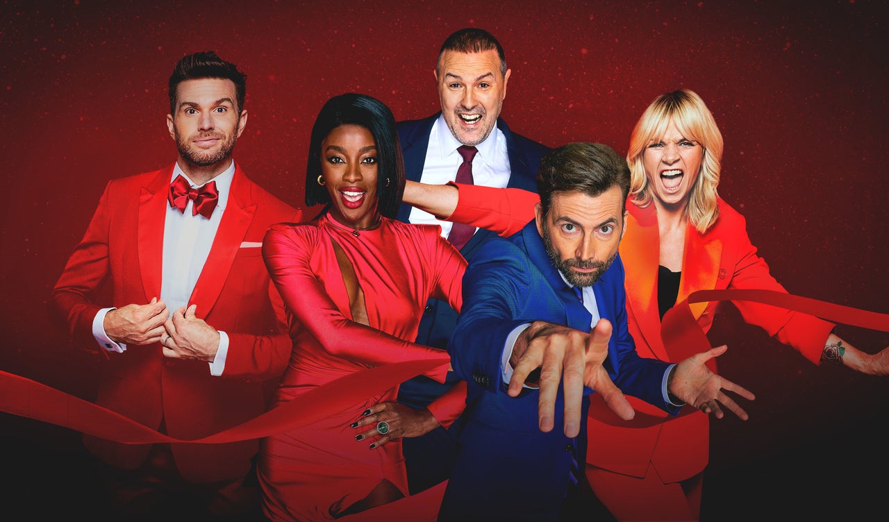 AJ with Joel Dommett, AJ Odudu, Paddy McGuinness, David Tennant and Zoe Ball