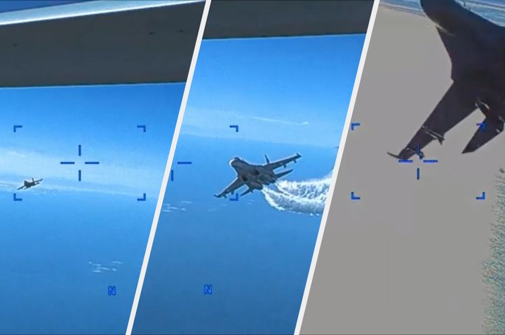 Screen grabs captured from a video shows US drone is being harassed by Russian Su-27 fighter jet over Black Sea before it was downed.