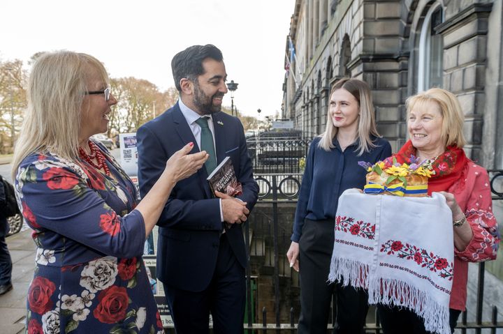 SNP leadership candidate Humza Yousaf meets Hannah Beaton-Hawryluk (left), Tanya Balanova Vinnitsia and Sonia Urquart (right) during a visit to the Association of Ukrainians in Great Britain in Edinburgh.