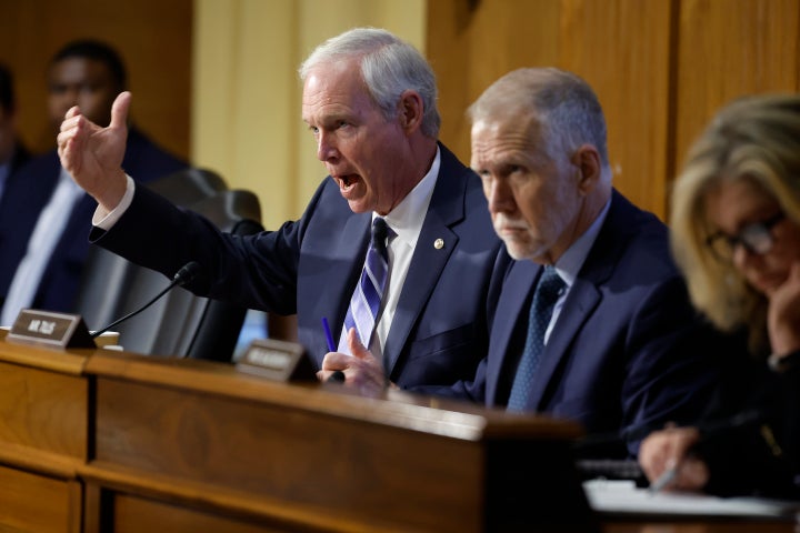 WASHINGTON, DC - MARCH 16: Senate Finance Committee member Sen. Ron Johnson (R-WI) questions U.S. Treasury Secretary Janet Yellen during a hearing about the Biden Administration's FY2024 federal budget proposal before the committee in the Dirksen Senate Office Building on Capitol Hill on March 16, 2023 in Washington, DC.