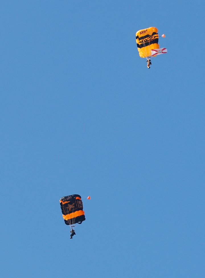 Members of the U.S. Army Parachute Team, known as the Golden Knights, take a practice jump at the Homestead Air Reserve Base in 2019. Kettenhofen joined the parachute team in 2020. 