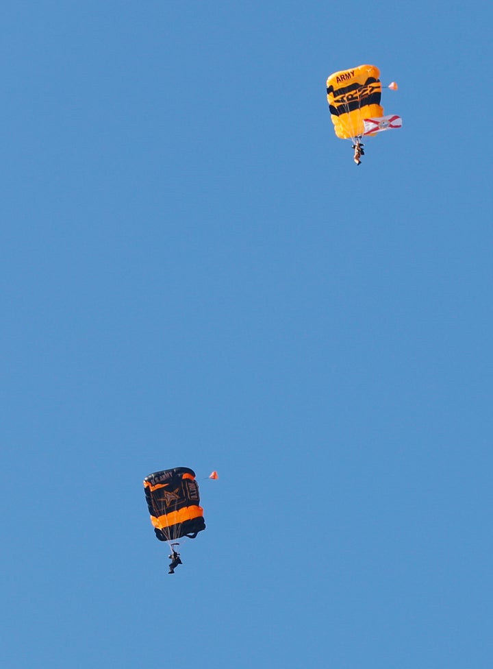 Members of the U.S. Army Parachute Team, known as the Golden Knights, take a practice jump at the Homestead Air Reserve Base in 2019. Kettenhofen joined the parachute team in 2020.