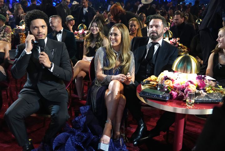 Trevor Noah, Jennifer Lopez and Ben Affleck at the Grammy Awards on Feb. 5 in Los Angeles.