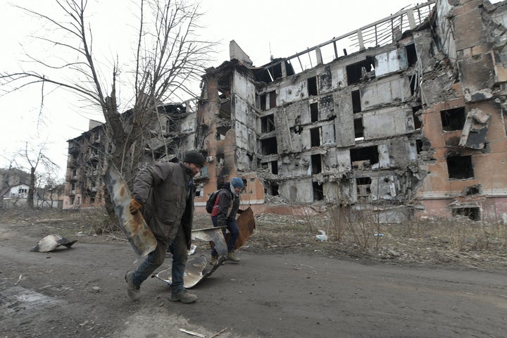 Damaged buildings in Mariupol, Ukraine.