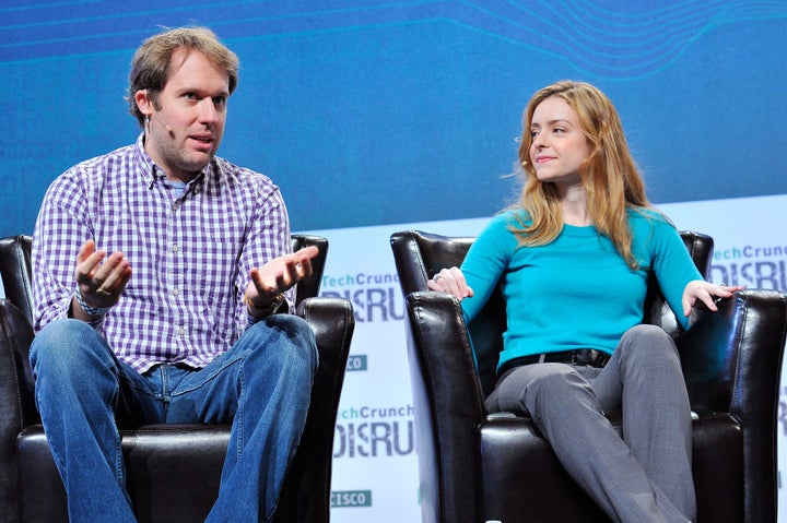 In a photo from 2015, Jacob DeWitte, the chief executive of Oklo Inc., speaks with Leslie Dewan of Transatomic Power. 