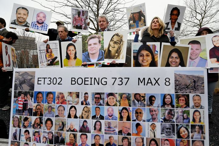 Families and friends who lost loved ones in the March 10, 2019, Boeing 737 Max crash in Ethiopia, hold a memorial protest in front of the Boeing headquarters in Arlington, Virginia, on March 10, 2023.