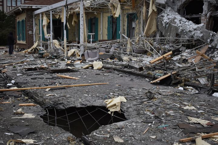 A damaged restaurant is seen after a Russian shelling in Zaporizhzhia, Ukraine, Saturday, March 18, 2023. (AP Photo/Andriy Andriyenko)