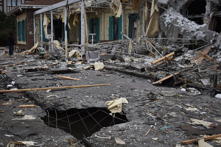 A damaged restaurant is seen after Russian shelling hit in Zaporizhzhia, Ukraine, Saturday, March 18, 2023. (AP Photo/Andriy Andriyenko)