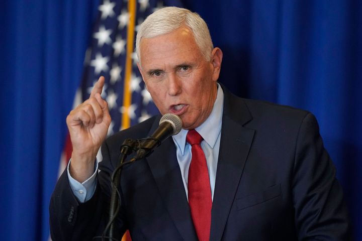 Former Vice President Mike Pence addresses an audience during a GOP fundraiser dinner Thursday, March 16, 2023 in Keene, NH (AP Photo/Steven Senne)