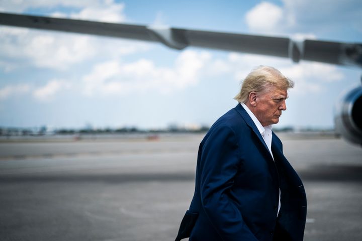 West Palm Beach, FL - March 13 : Former President Donald Trump boards his airplane, known as Trump Force One, in route to Iowa at Palm Beach International Airport on Monday, March 13, 2023, in West Palm Beach, FL. (Photo by Jabin Botsford/The Washington Post via Getty Images)