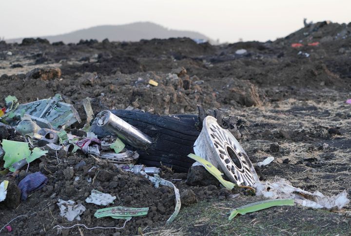 エンジンのパーツなどが散らばるエチオピア航空302便墜落事故の現場（2019年3月11日）