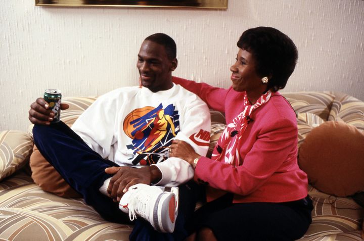 Michael Jordan sits alongside his mother, Deloris Jordan, for the ABC special "Superstars and Their Moms" in 1988.