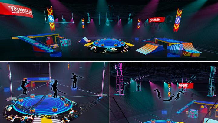 A look at the playground-inspired stage environment at the circus. Acts include the Triangular Highwire, the Criss-Cross Flying Trapeze and a double Wheel of Destiny.