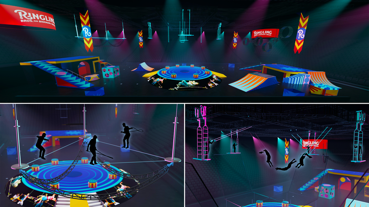 A look at the playground-inspired stage environment at the circus. Acts include the Triangular Highwire, the Criss-Cross Flying Trapeze and a double Wheel of Destiny.