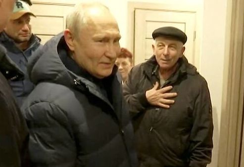 Russian President Vladimir Putin visits Mariupol, Russian-controlled Ukraine, in this still image taken from a Kremlin handout video released on March 19, 2023. 