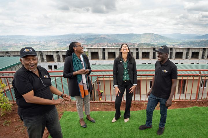 Home Secretary Suella Braverman tours a a building site on the outskirts of Kigali during her visit to Rwanda, to see houses that are being constructed that could eventually house deported migrants from the UK.