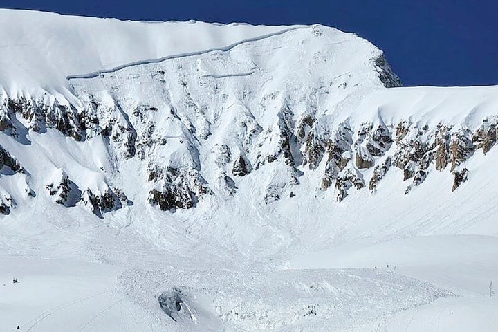 This photo provided by the Colorado Avalanche Information Center shows the aftermath of an avalanche on March 18, 2023, near Marble, Colo. A Colorado skier has been killed and two other people were injured after getting caught in a massive backcountry avalanche in western Colorado.